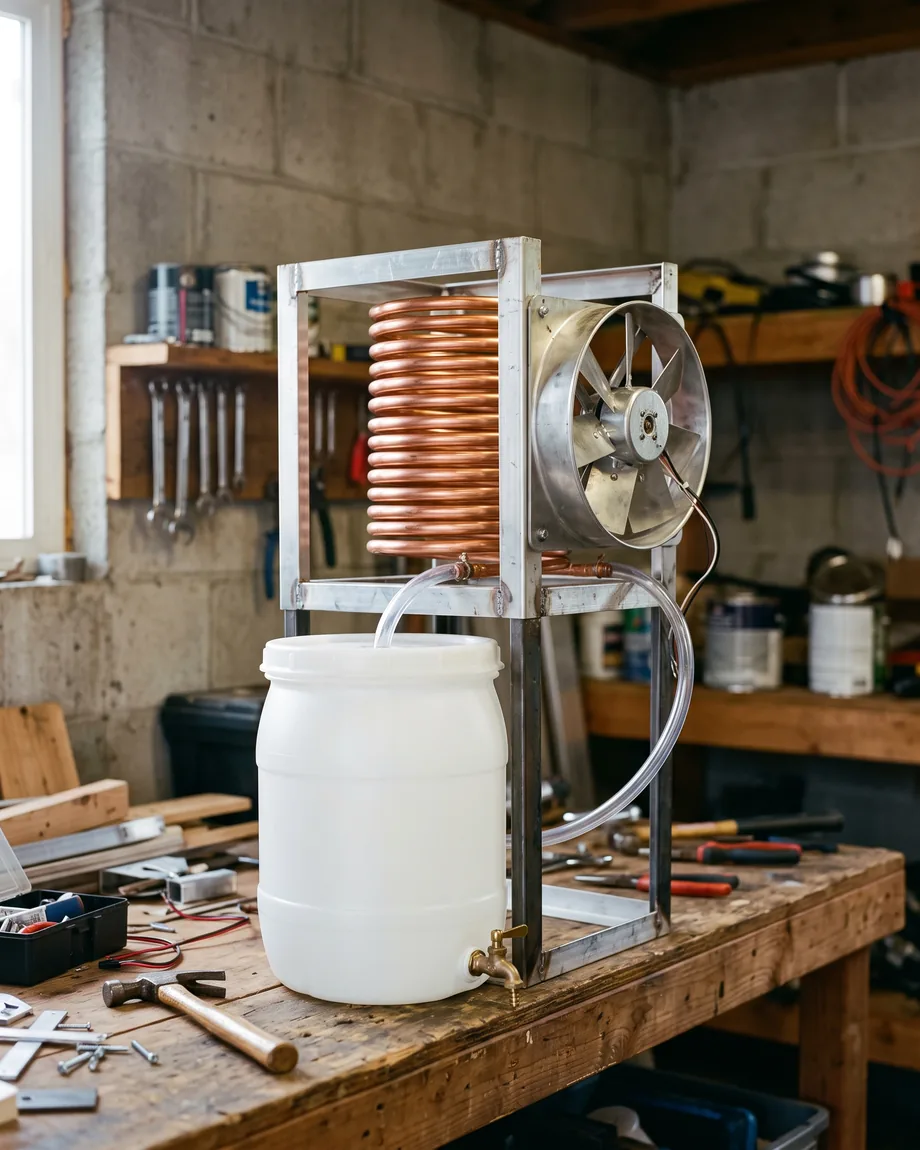 Smart Water Box, a homemade atmospheric water generator built from a coil, fan and food-safe tank on a garage workbench